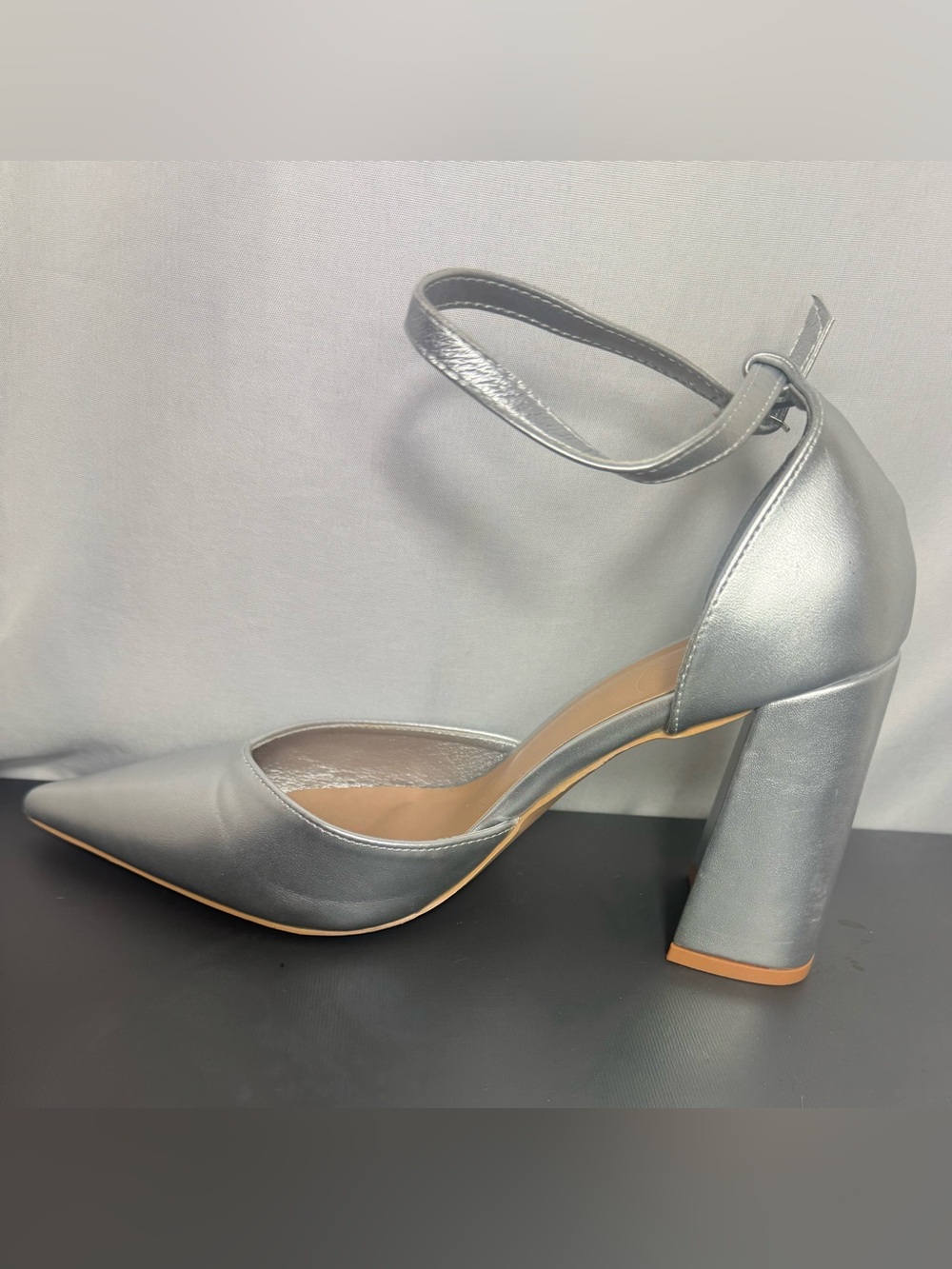 Silver Pointed-Toe wedding party elegant Block Heel Ankle Strap Pump Size 39
